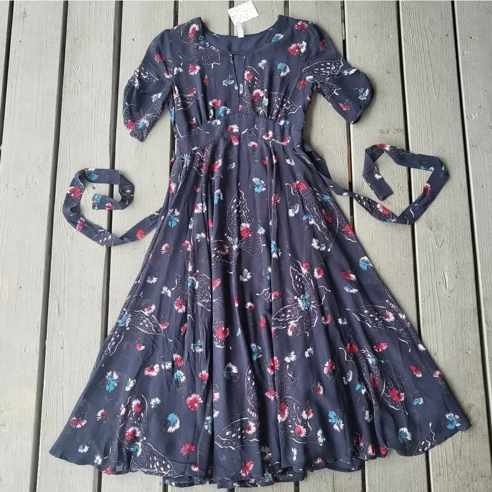 NWT Free People Blue Bonnie Butterfly Print Keyhole Chiffon Boho Midi Dress‎ 2
